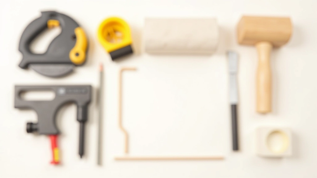 Collection of essential laminate flooring tools including saw, spacers, mallet, and measuring tape arranged on white surface