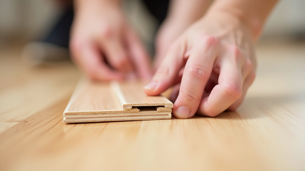Close-up of hands connecting two laminate planks showing click lock joint engagement