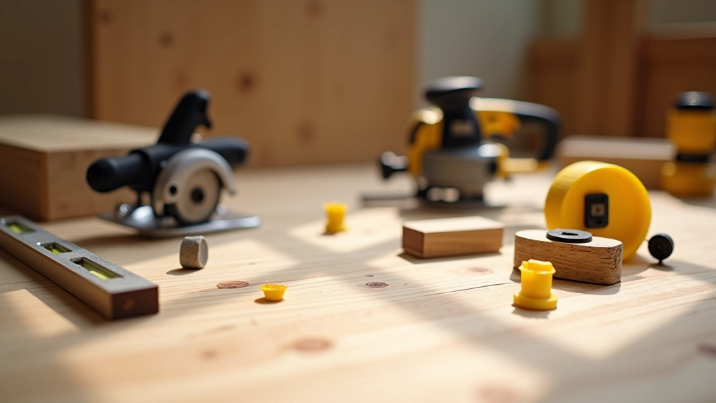 Tools and equipment laid out for laminate flooring installation including saw, spacers, and measurement tools