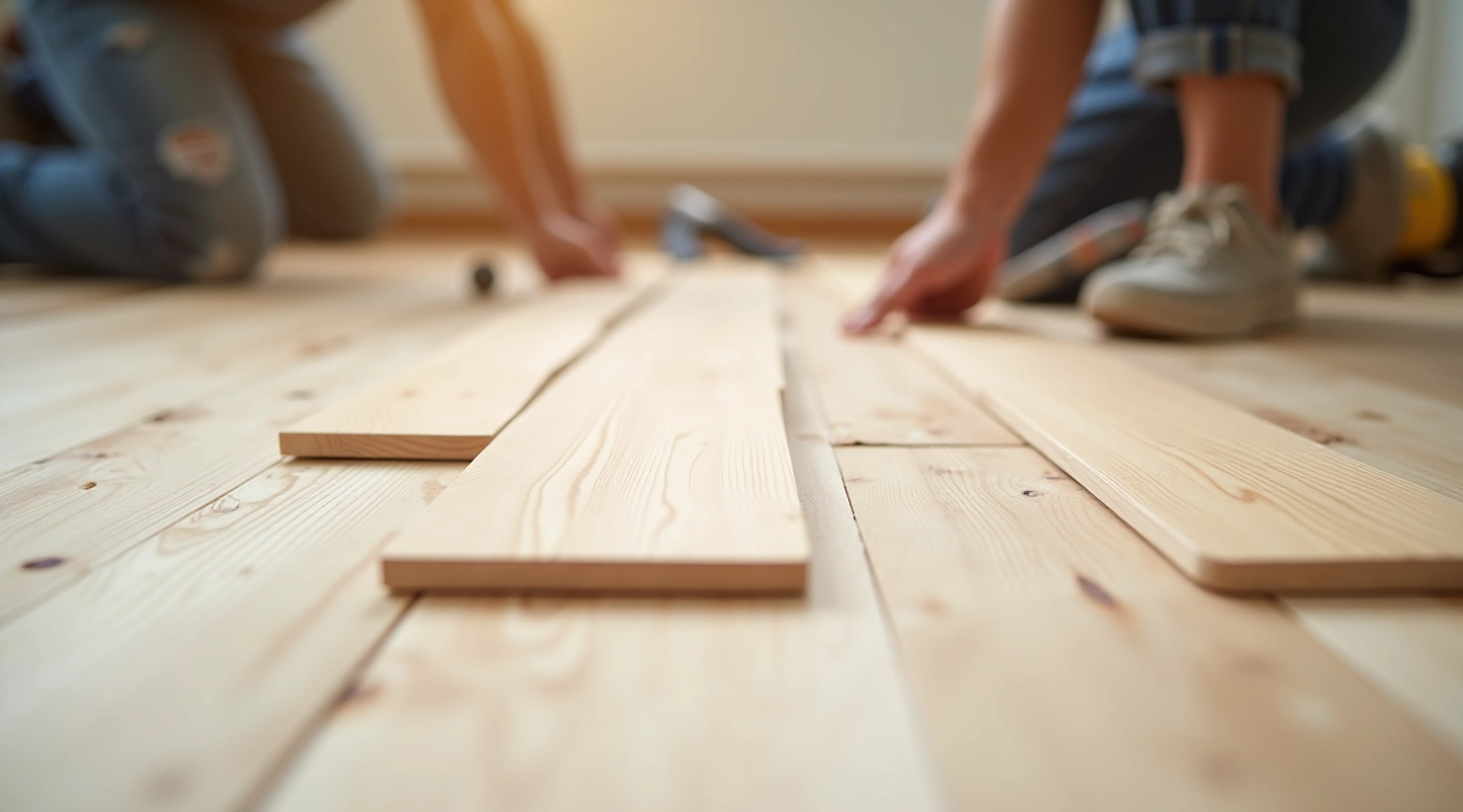 Modern laminate flooring installation showing click lock system in progress with tools and materials