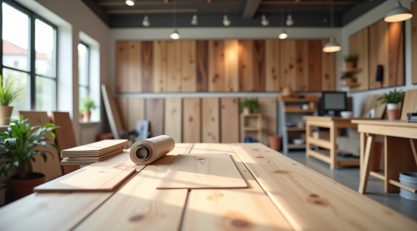 Laminate flooring workshop with tools and samples