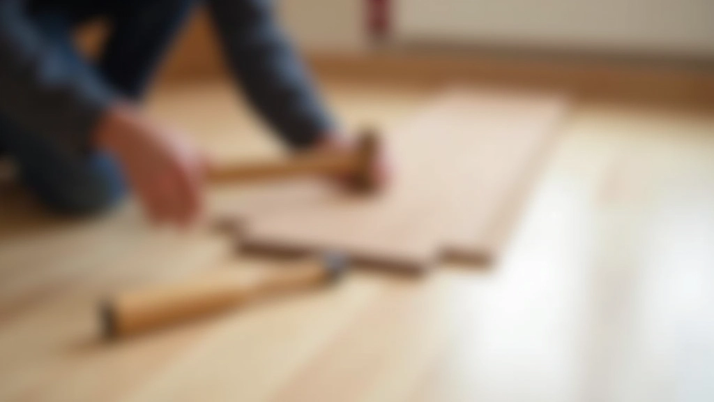 Proper laminate plank installation technique showing 45-degree angle engagement and rubber mallet tapping method