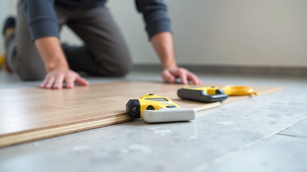 Close-up of subfloor preparation with moisture meter and leveling tools on concrete surface