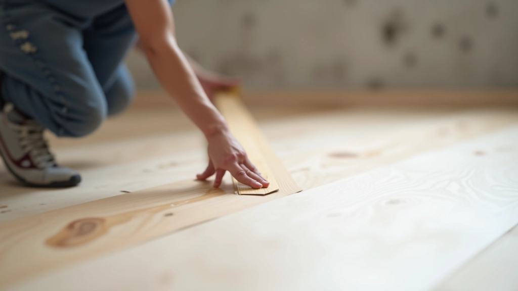 Worker using a long straightedge to check subfloor flatness and levelness before laminate installation